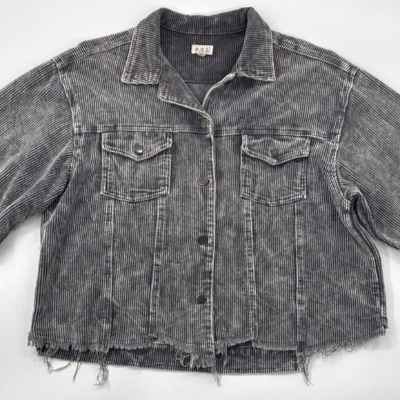 POL Distressed Corduroy Jacket Womens Large Gray Raw Frayed Oversized Crop Indie - Picture 1 of 15